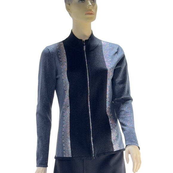 FONTANA Women’s Sweater Gray Black Jeweled Zipper Stretch LS Mock Turtle Size M - Picture 1 of 11